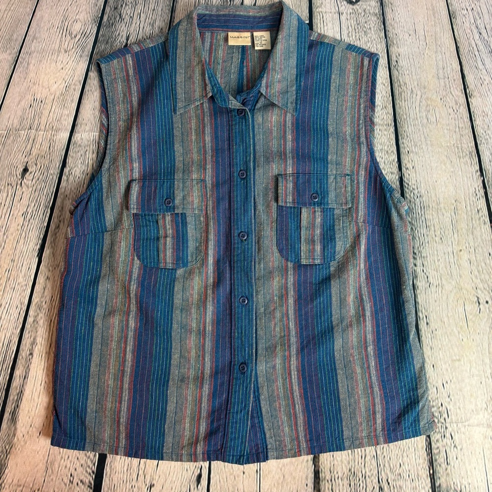 Massini Vintage Y2K Multicolor Striped Sleeveless Button-Up Linen Blend Size 12